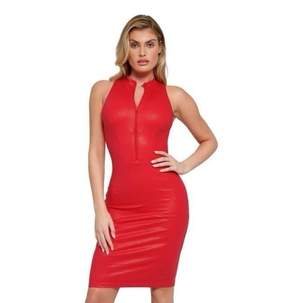 NWT Popilush Bodycon Mini Dress Red Sleeveless Open Gusset Sexy Faux Leather